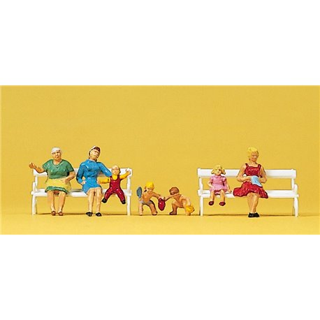 Women (3) and Children (4) on Benches Exclusive Figure Set